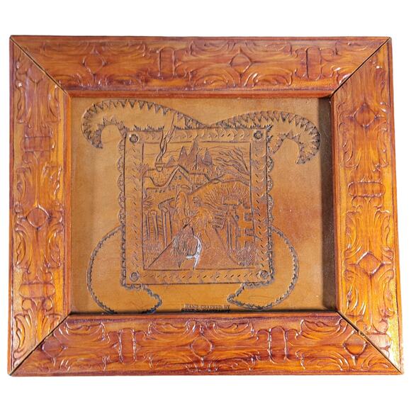 Gene L. Hartranft Handcrafted Leather Tooling Framed Folk Art Farmscape 13x11 - Picture 1 of 8